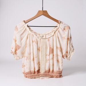 KIWI & PUNCH Tie Dye Ruffle Smocked Crop Top Orange White Peasant Womens Medium